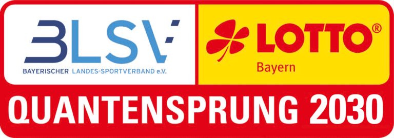 Logo von BLSV und Lotto Bayern nebeneinander auf rotem Hintergrund, darunter der Schriftzug Quantensprung 2030