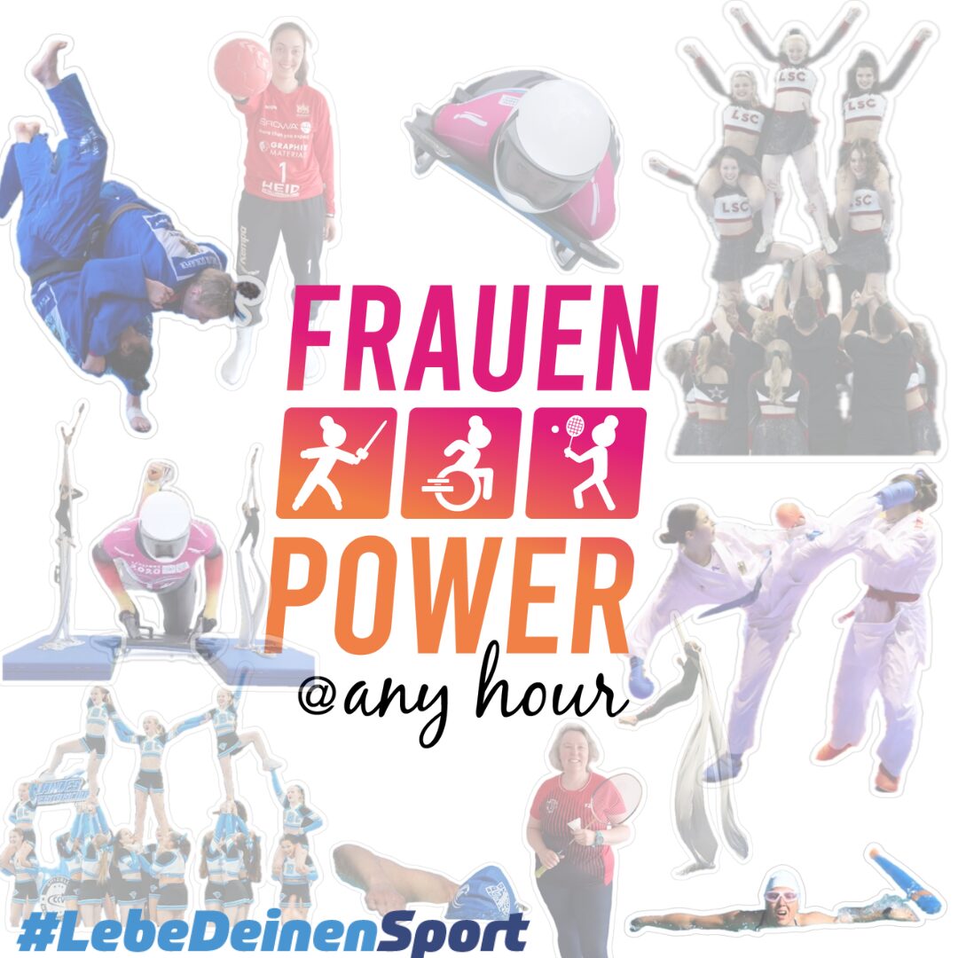 Collage Frauen beim Leistungssport, in der Mitte der Schriftzug Frauen-Power