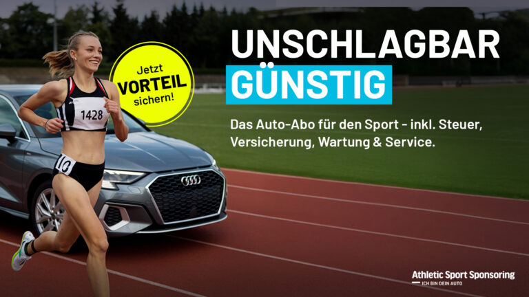 Ein Auto steht auf einer Laufbahn. Eine Läuferin läuft daran vorbei, Daneben ein Schriftzug "Unschlagbar günstig"